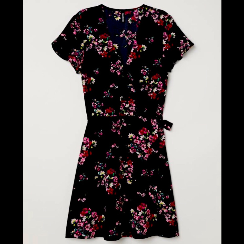 Sheer Black Wraparound Patterned Flower Dress